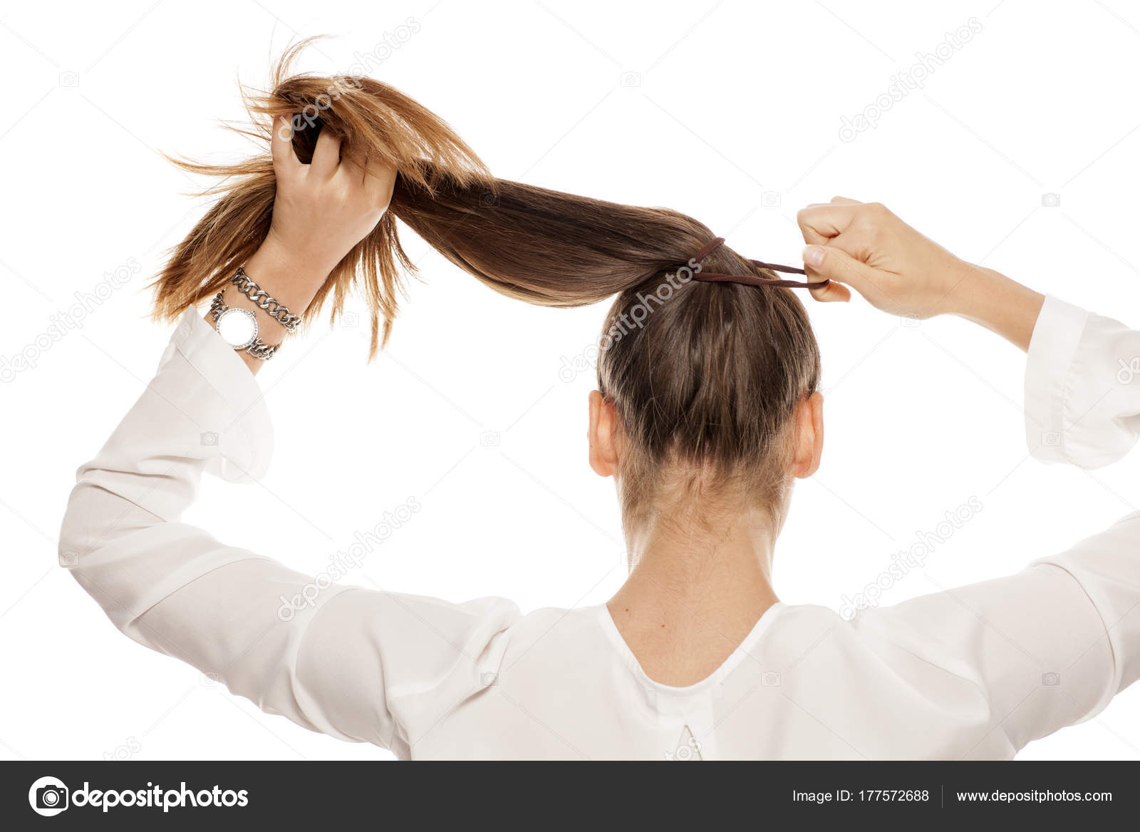 Back View Young Woman Tying Her Hair Ponytail — Stock