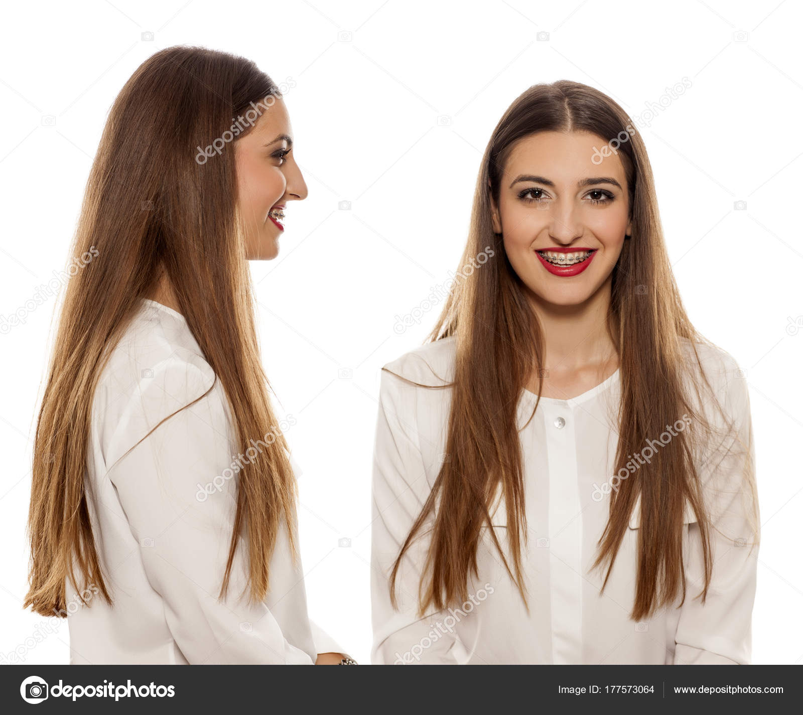 Side Front View Young Woman Long Straight Hair White