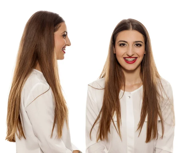 Vue Latérale Frontale Une Jeune Femme Aux Longs Cheveux Raides — Photo