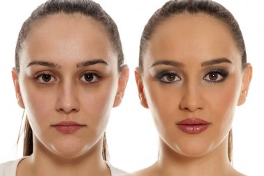 Comparative portrait of a female face, before and after makeup on a white background clipart