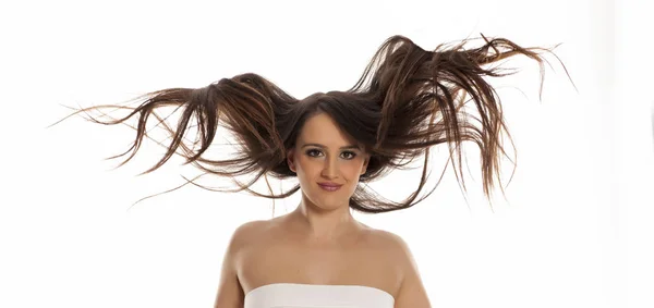 Happy Young Woman Flying Hair White Background — Stock Photo, Image