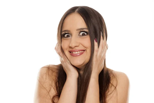 Jovem Tola Fazendo Caras Estúpidas Fundo Branco — Fotografia de Stock