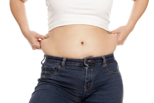 Woman Pinching Fat Deposits Her Waist — Stock Photo, Image