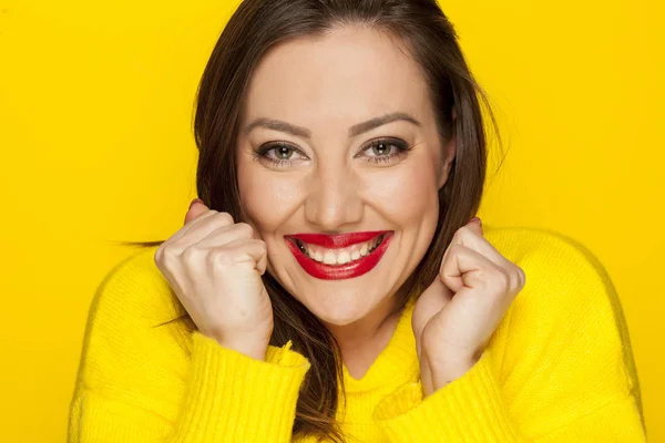 Beautiful Happy Woman Yellow Blouse Yellow Background — Stock Photo, Image
