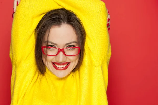 Beautiful Happy Woman Red Frame Glasses Red Background — Stock Photo, Image