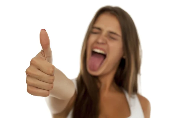 Young Silly Woman Showing Thumb — Stock Photo, Image