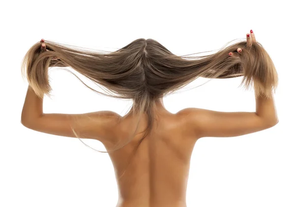 Vue Arrière Une Femme Moitié Nue Tenant Ses Cheveux — Photo