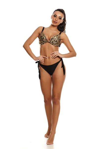 Vacker Modell Svart Bikini Poserar Vit Bakgrund — Stockfoto