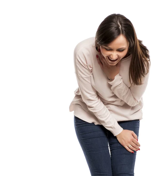 Mujer Joven Riendo Sobre Fondo Blanco — Foto de Stock