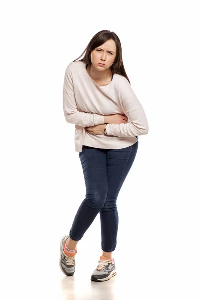 Young Woman Stomach Pain White Background — Stock Photo, Image