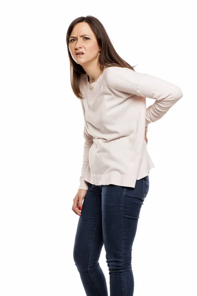 Young Woman Back Pain White Background — Stock Photo, Image