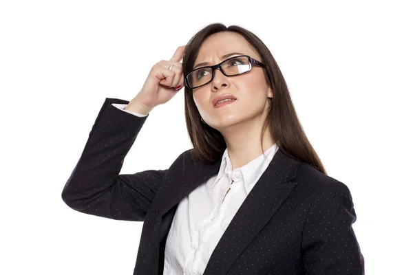 Empresaria Confundida Con Gesto Cuestionamiento Posando Sobre Fondo Blanco —  Fotos de Stock