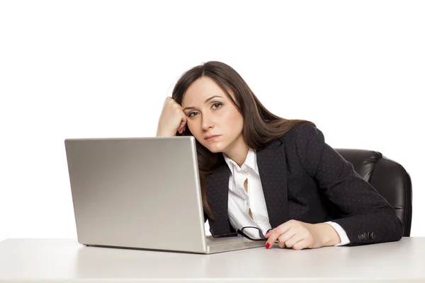 Young Tired Business Woman Sitting Desk Laptop Stock Image