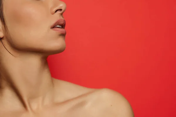 Pescoço Ombro Lábios Uma Jovem Mulher Fundo Vermelho — Fotografia de Stock