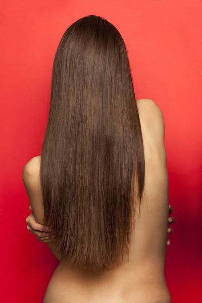 Visão Traseira Uma Mulher Com Cabelos Longos Lisos Fundo Vermelho — Fotografia de Stock