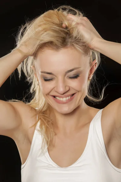 Beautiful Happy Blonde Posing Black Background — Stock Photo, Image