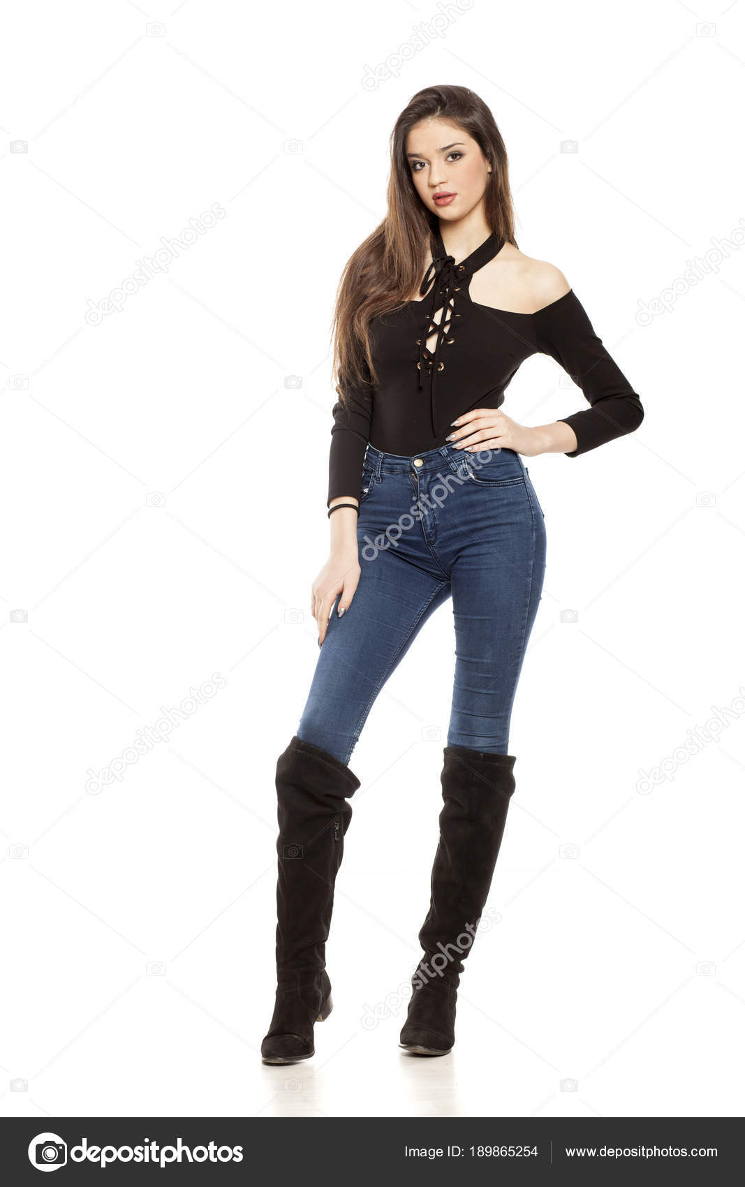 Jeans and leather boots sales