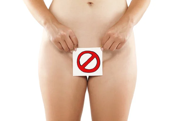 Woman Covering Her Vagina Forbidden Sign Drawn Paper — Stock Photo, Image