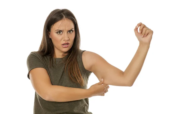 Beautiful Woman Pinching Fat Her Arm White Background — Stock Photo, Image