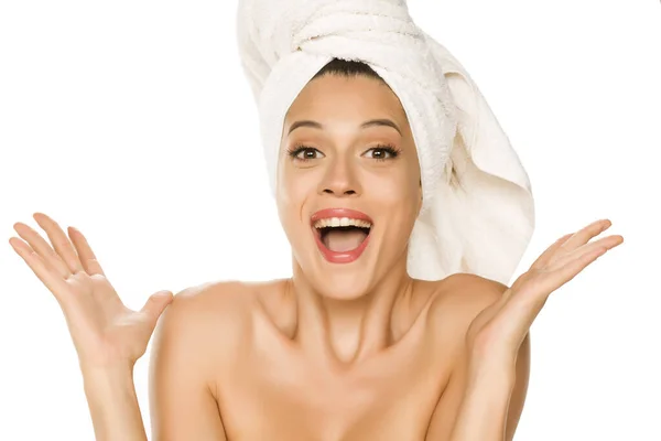 Young Beautiful Happy Woman Towel Her Head White Background — Stock Photo, Image