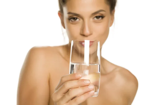 Young Beautiful Woman Holding Glass Water White Background — Stock Photo, Image