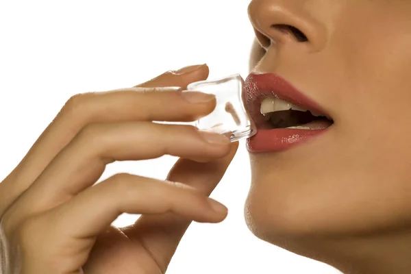 Young Beautiful Woman Holding Ice Cube Her Mouth White Background — Stock Photo, Image