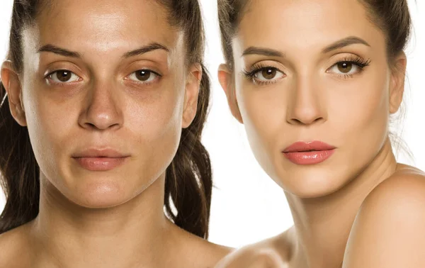 Retrato Comparativo Mujer Joven Antes Después Del Maquillaje Sobre Fondo —  Fotos de Stock