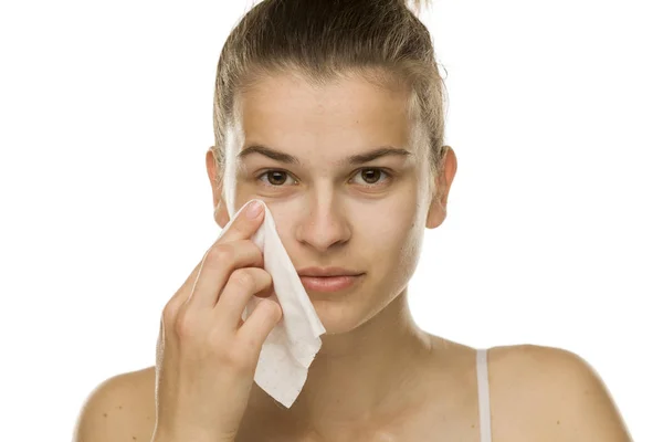 Young Woman Cleaning Her Face Wet Wipe White Background — Stock Photo, Image