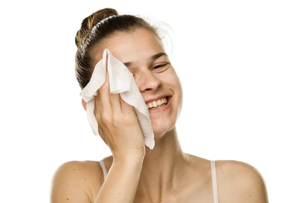 Young Happy Woman Cleaning Her Face Wet Wipe White Background — Stock Photo, Image