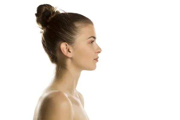 Perfil Joven Hermosa Shirtles Mujer Sobre Fondo Blanco — Foto de Stock