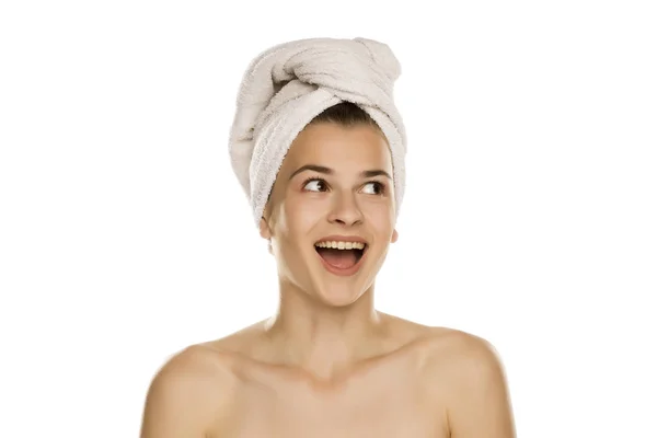 Portrait Young Beautiful Happy Woman Towel Her Head White Background — Stock Photo, Image