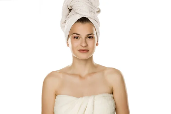 Portrait Young Smiling Beautiful Woman Towel Her Head White Background — ストック写真