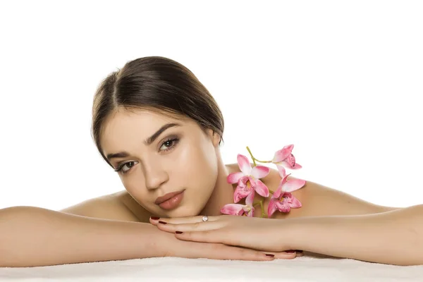 Young Woman Makeup Posing Orchid White Background — Stock Photo, Image