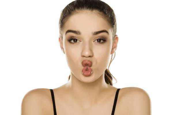 Portrait Beautiful Young Woman Making Fish Face White Background — Stok Foto