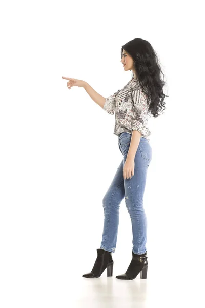 Woman Touching Imaginary Object Her Finger White Bacground — 스톡 사진