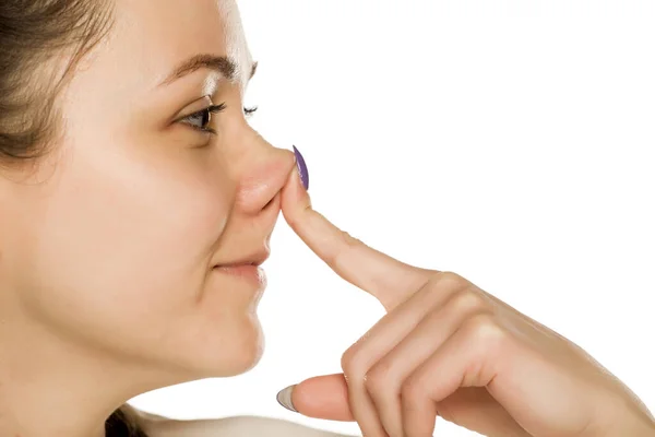 Smiling Woman Touching Her Nose White Background — Stock Photo, Image