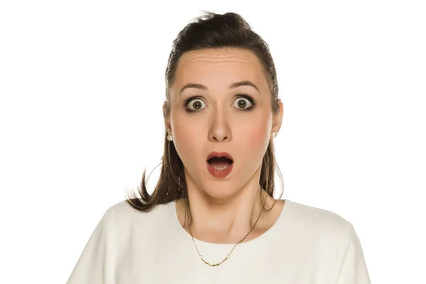 Youngs Shocked Woman White Background — Stock Photo, Image