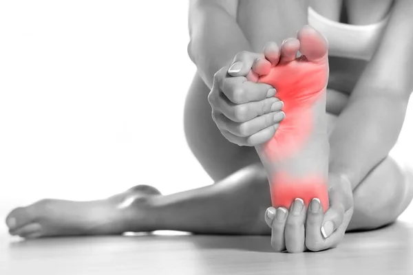 Woman Massaging Her Painful Foot White Background — Stock Photo, Image