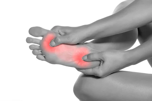 Woman Massaging Her Painful Foot White Background — Stock Photo, Image