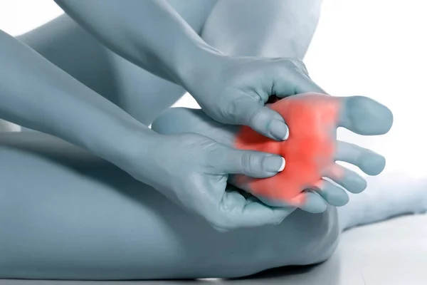 Woman Massaging Her Painful Foot White Background — Stock Photo, Image