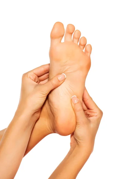 Woman Massaging Her Painful Foot White Background — Stock Photo, Image