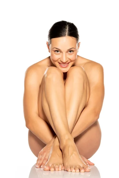 Young Seductive Smiling Naked Woman Sitting White Floor — Stock Photo, Image