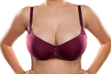 Large and beautiful women breasts in purple bra clipart