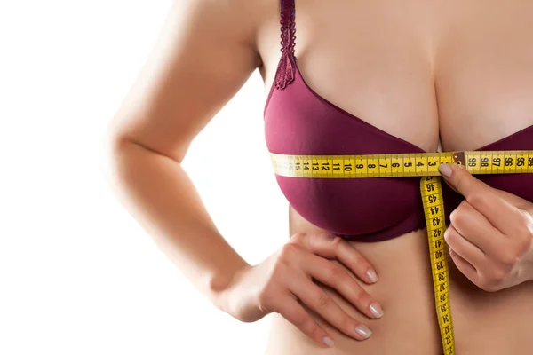 Woman Measured Her Huge Breast Measuring Tape — Stock Photo, Image