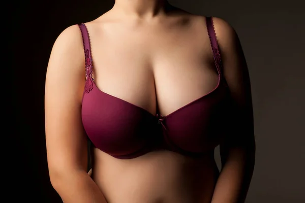 大きく美しいです女性胸で紫ブラ — ストック写真