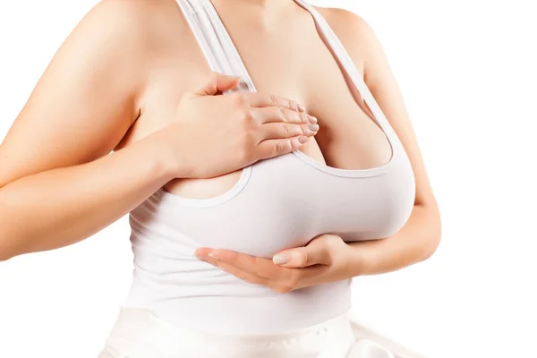 Woman Touching Her Breasts Shirt — Stock Photo, Image