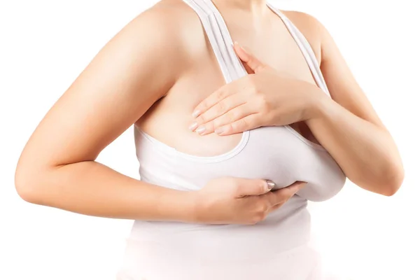 Kvinna Vidrör Sina Bröst Genom Skjortan — Stockfoto