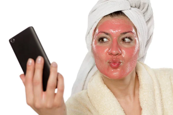 Young Beautiful Woman Taking Selfies Mask Her Face — Stock Photo, Image