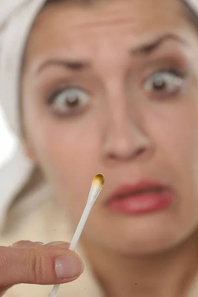Shocked Young Woman Dirty Cotton Swab Her Hand — Stock Photo, Image