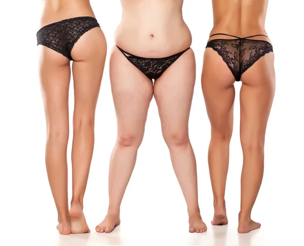 Pernas Uma Mulher Três Mulheres Com Pesos Diferentes — Fotografia de Stock